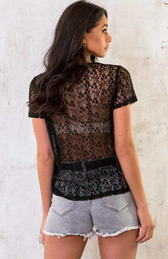 Girly See Through Lace Top Black