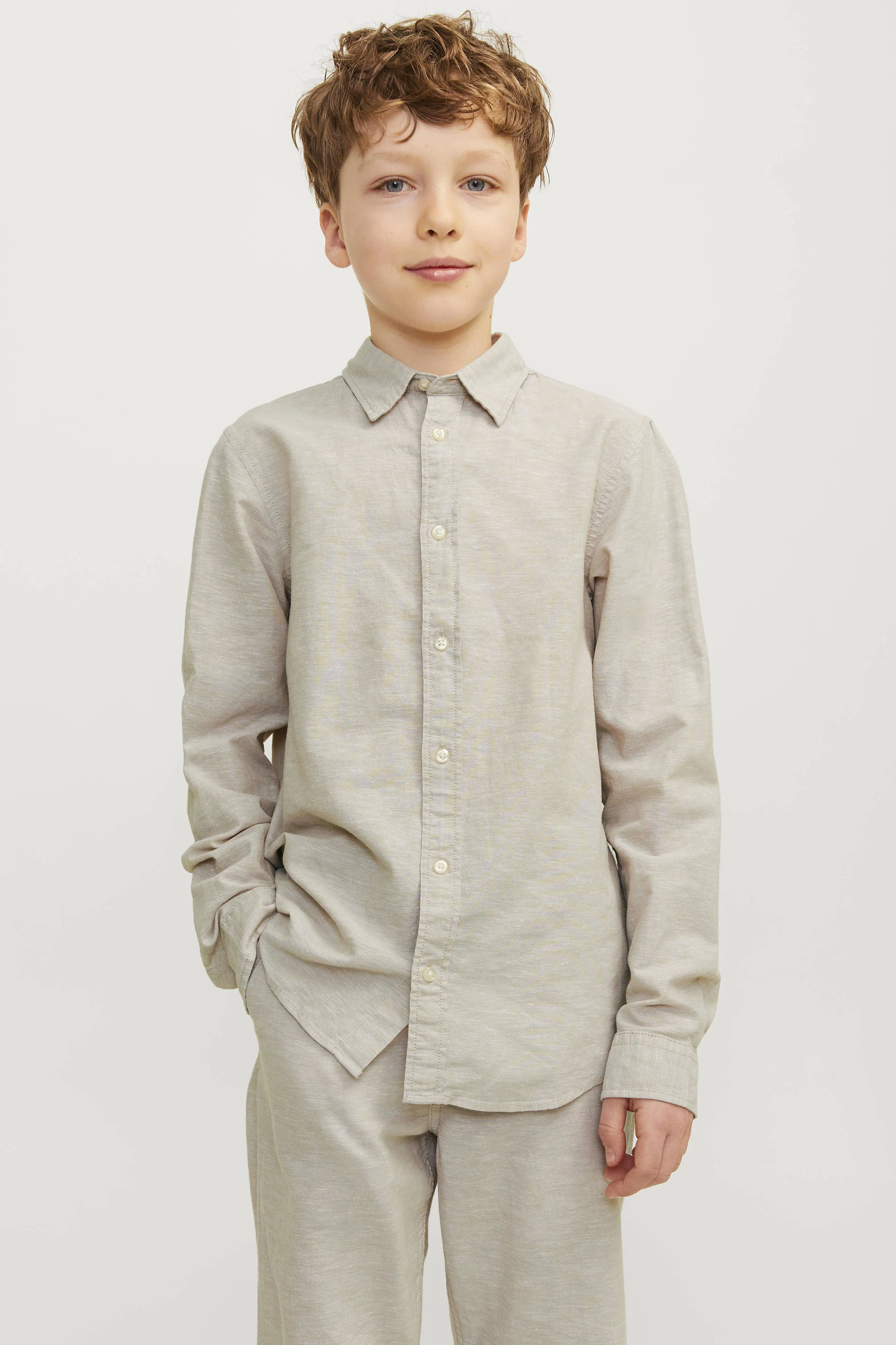 Jack & jones JUNIOR overhemd JJELINEN BLEND beige Jongens Katoen Klassieke kraag 128