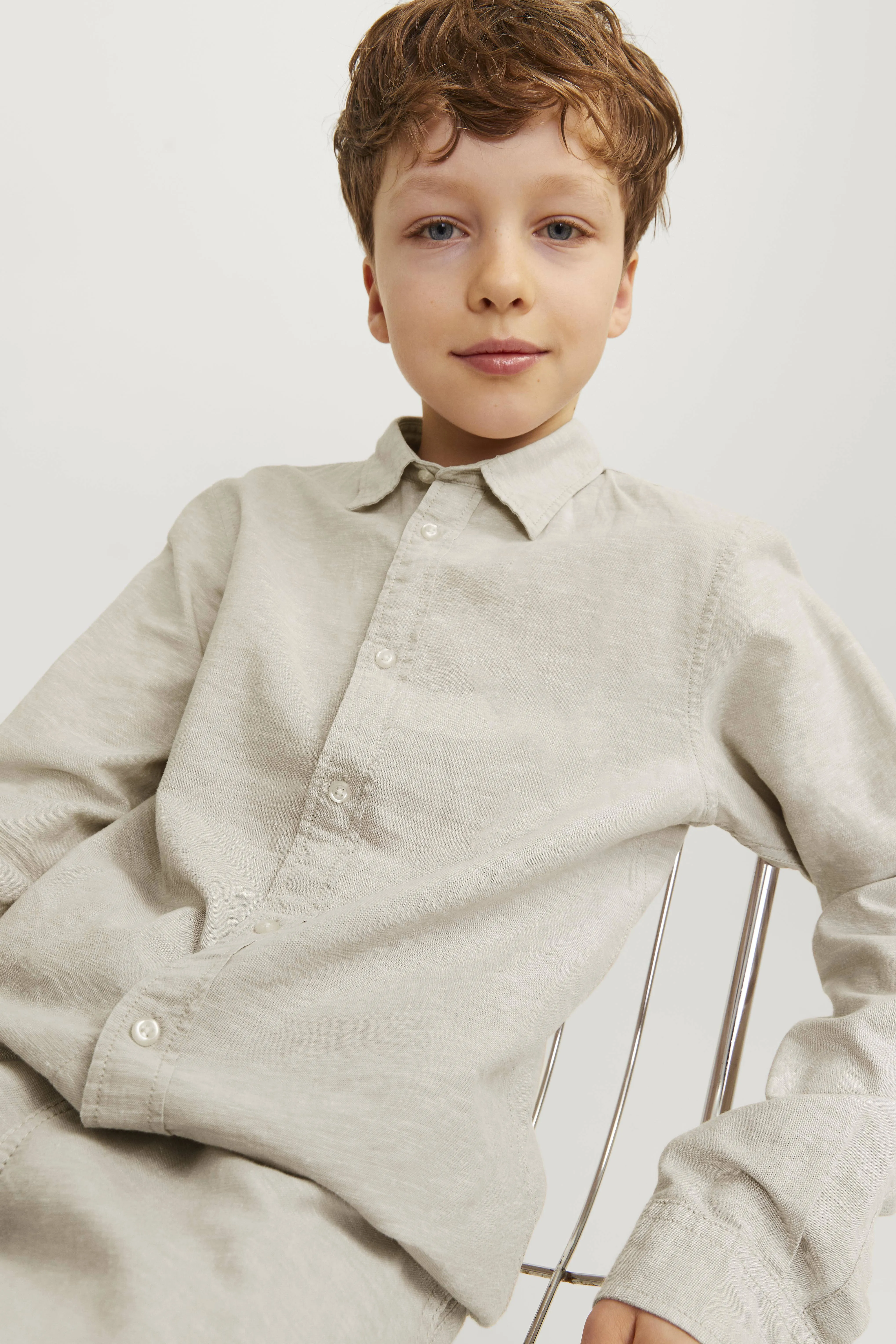 Jack & jones JUNIOR overhemd JJELINEN BLEND beige Jongens Katoen Klassieke kraag 128