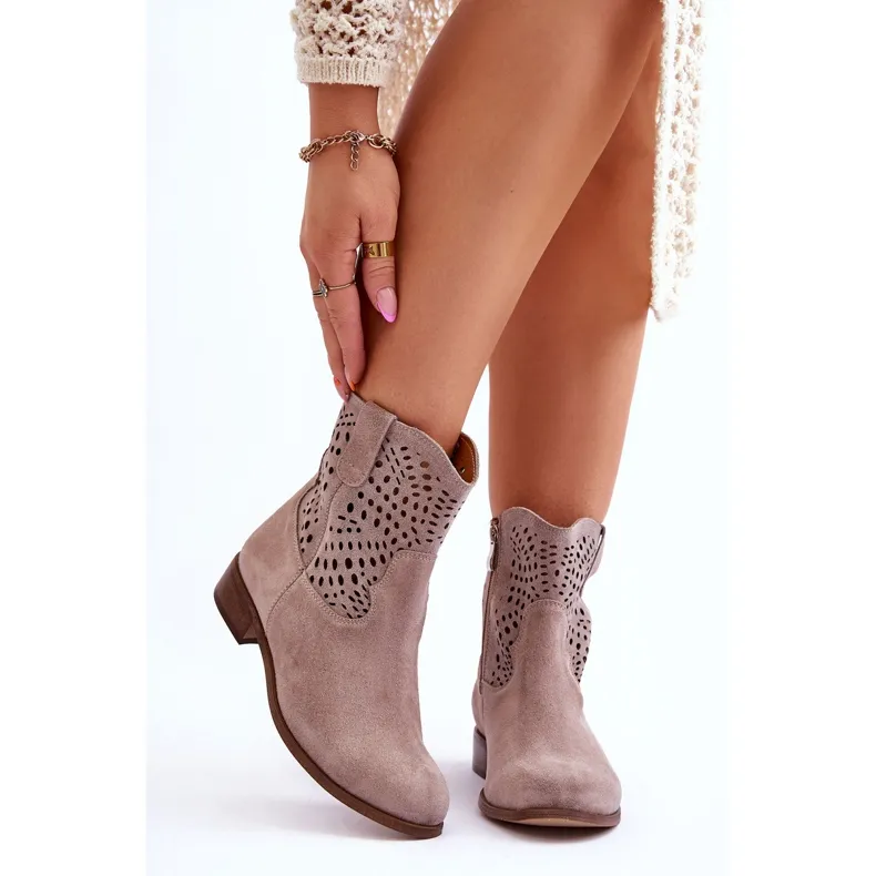 Lewski Shoes Suède opengewerkte dameslaarzen Leski Shoes 3301 Cappuccino bruin