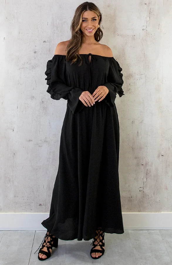 Maxi Off Shoulder Ruffle Jurk Zwart