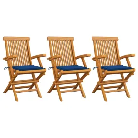 Medina Tuinstoelen 3 st met blauwe kussens massief teakhout