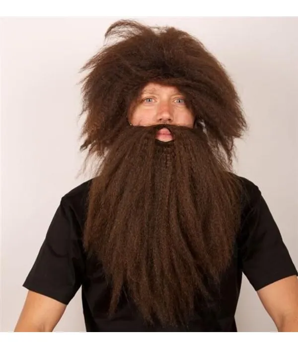 Pruik Holbewoner + baard bruin